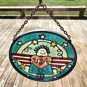 Suncatcher Stained Glass Art Window Patriotic USA Hanging Sign Trinket Painted